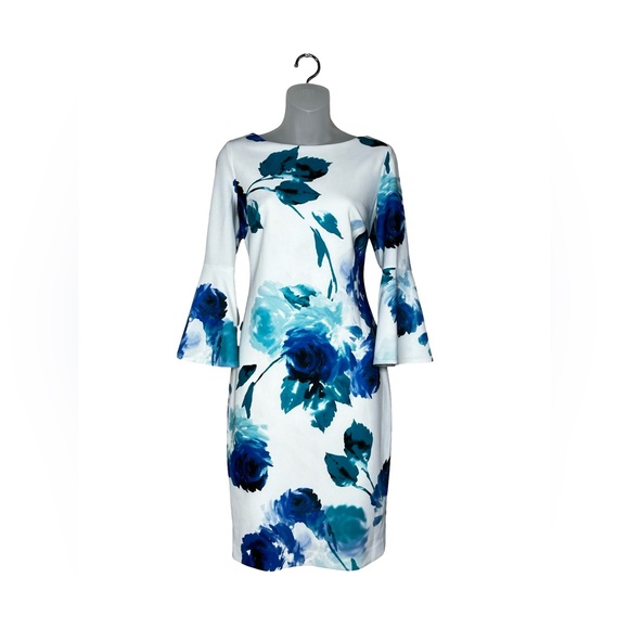 Calvin Klein floral bell-sleeve sheath dress white blue floral pattern - Picture 10 of 12